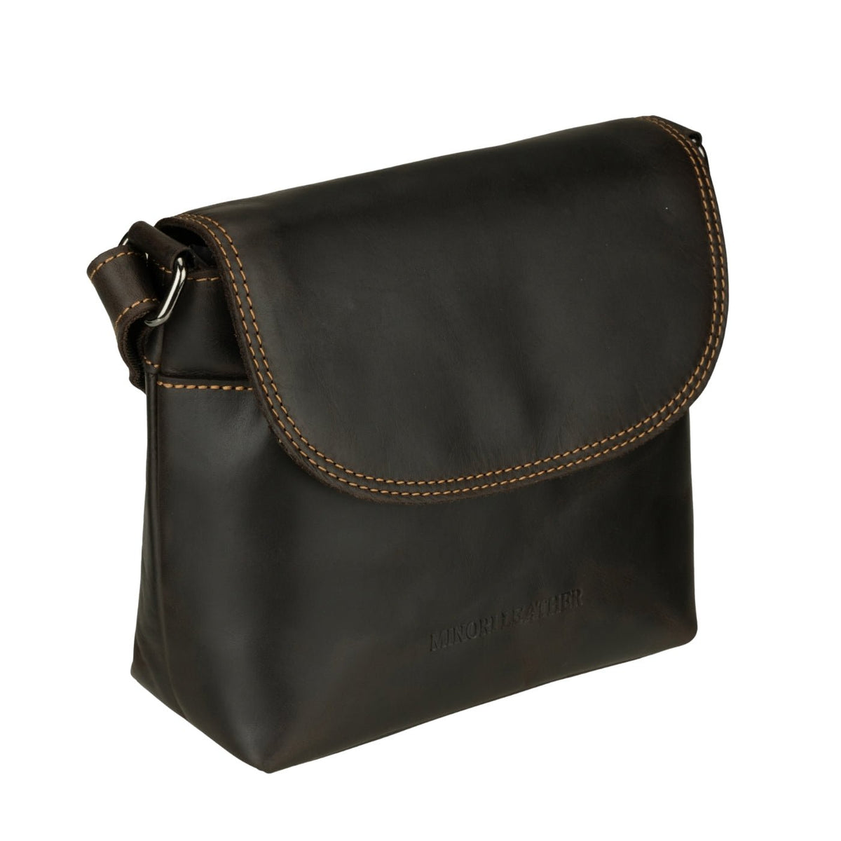 Minori Leather Metro crossbody bag in brown leather with adjustable strap and spacious interior.
