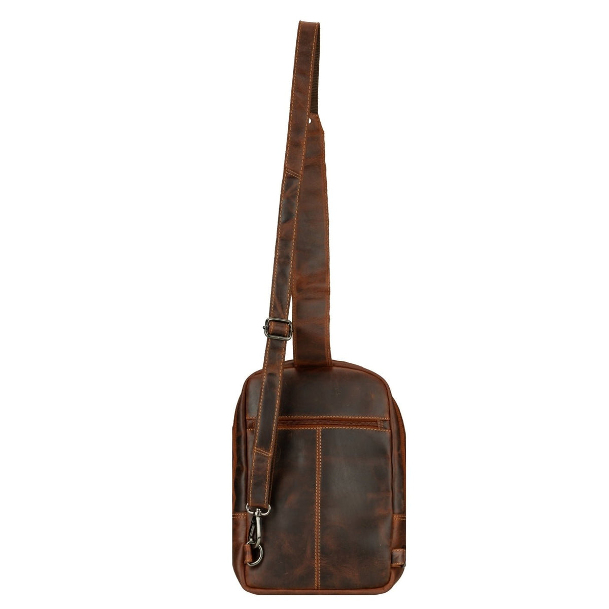 Minori Leather luxe chestnut leather sling bag, crossbody style with sleek design and adjustable strap for everyday use.