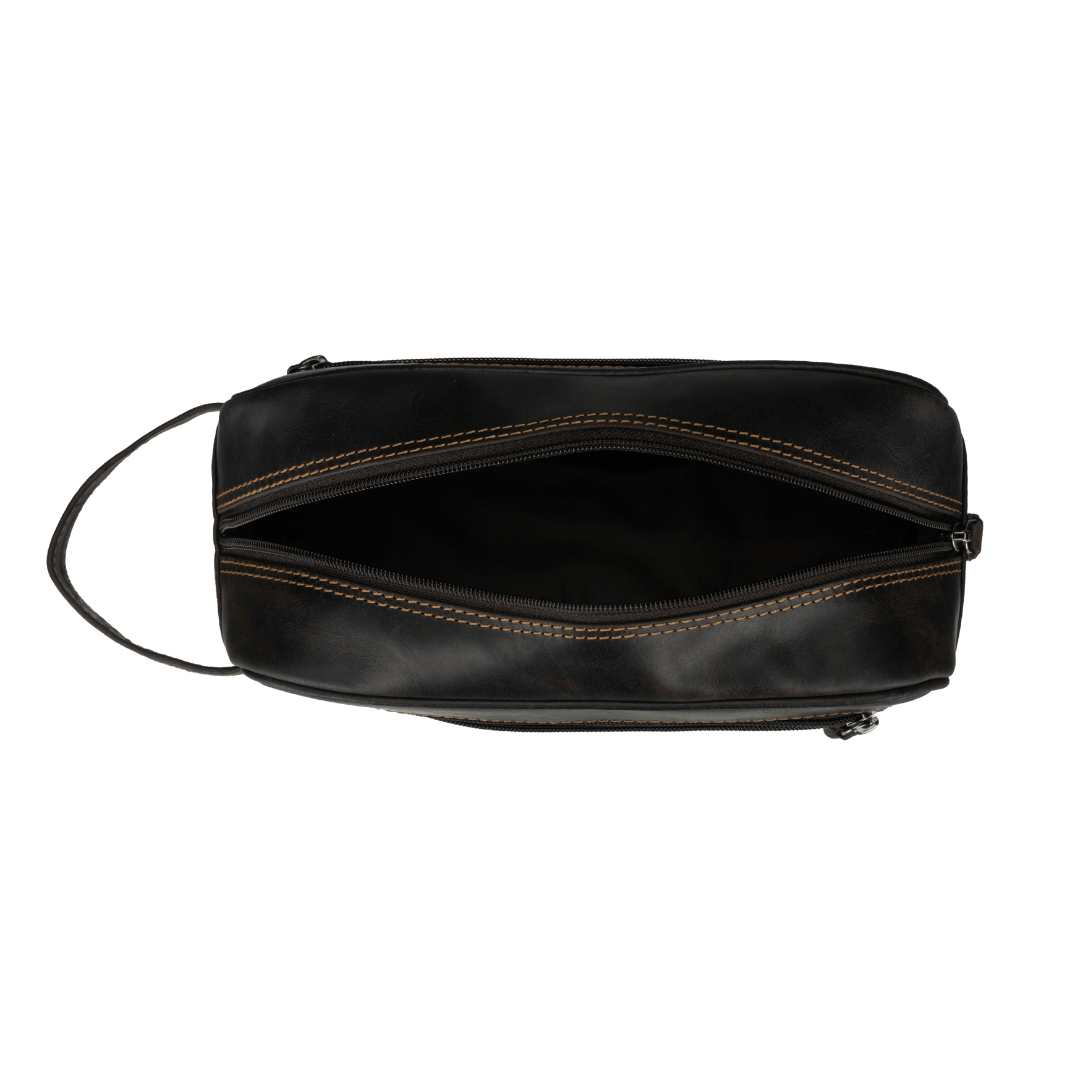 Brown leather toiletry bag for men by Minori Leather, Montana premium leather travel organizer with sturdy zipper and compact design.