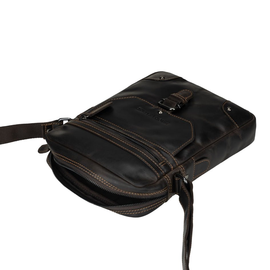 Minori Leather Denver brown unisex leather crossbody bag with adjustable strap and minimalist design.