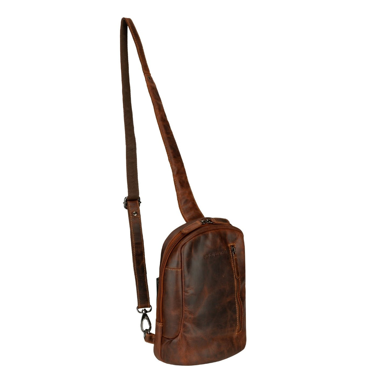 Minori Leather Luxe leather sling bag in chestnut color, stylish crossbody bag with sleek design and adjustable strap.