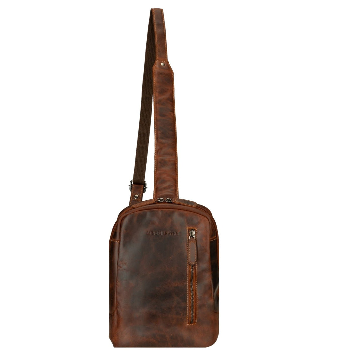 Minori Leather Luxe leather sling bag in chestnut color, stylish crossbody bag with sleek design and adjustable strap.