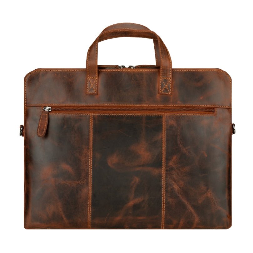 Minori Leather Atlas 14-inch unisex leather laptop sleeve in chestnut, showcasing a smooth, durable leather exterior with sleek design.