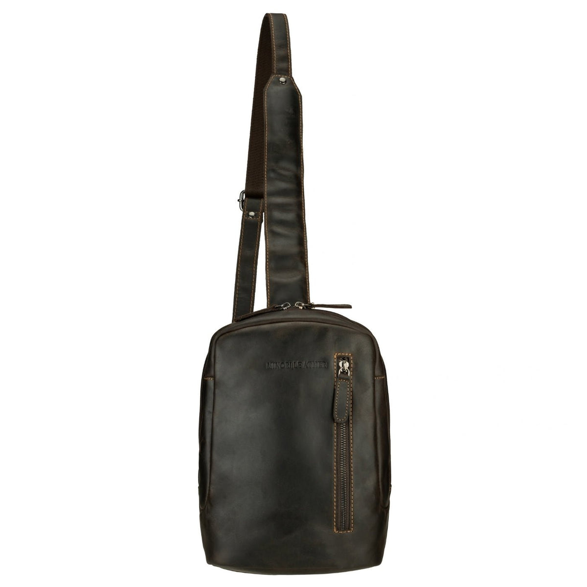 Brown Minori Leather Luxe leather sling bag, crossbody style with sleek design and adjustable strap, for everyday use.