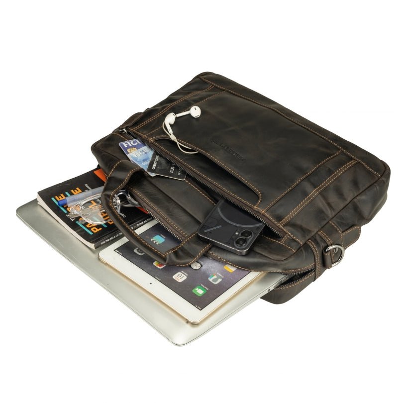 Brown Seattle leather briefcase bag by Minori Leather, 14-inch unisex briefcase with sturdy handles and sleek design.
