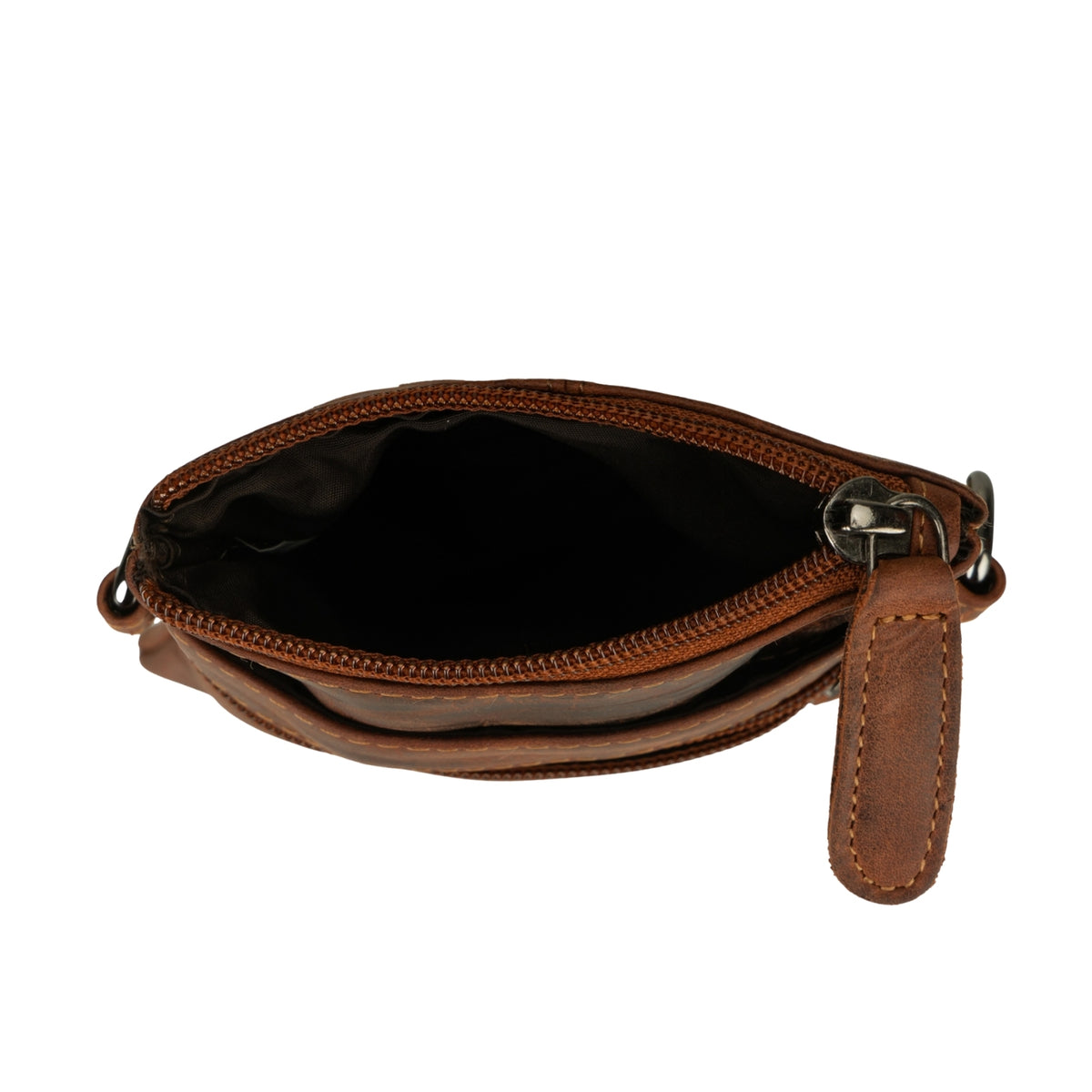 Unisex Ashford Leather Sling Bag by Minori Leather in chestnut, featuring a compact design with adjustable strap and leather finish.