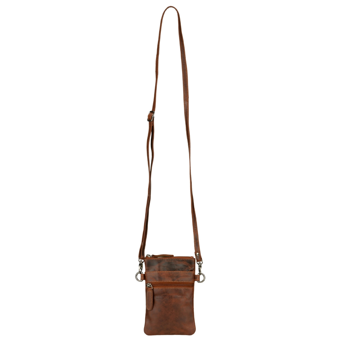 Minori Leather Ashford leather sling bag in chestnut, unisex design with adjustable strap and sleek style.