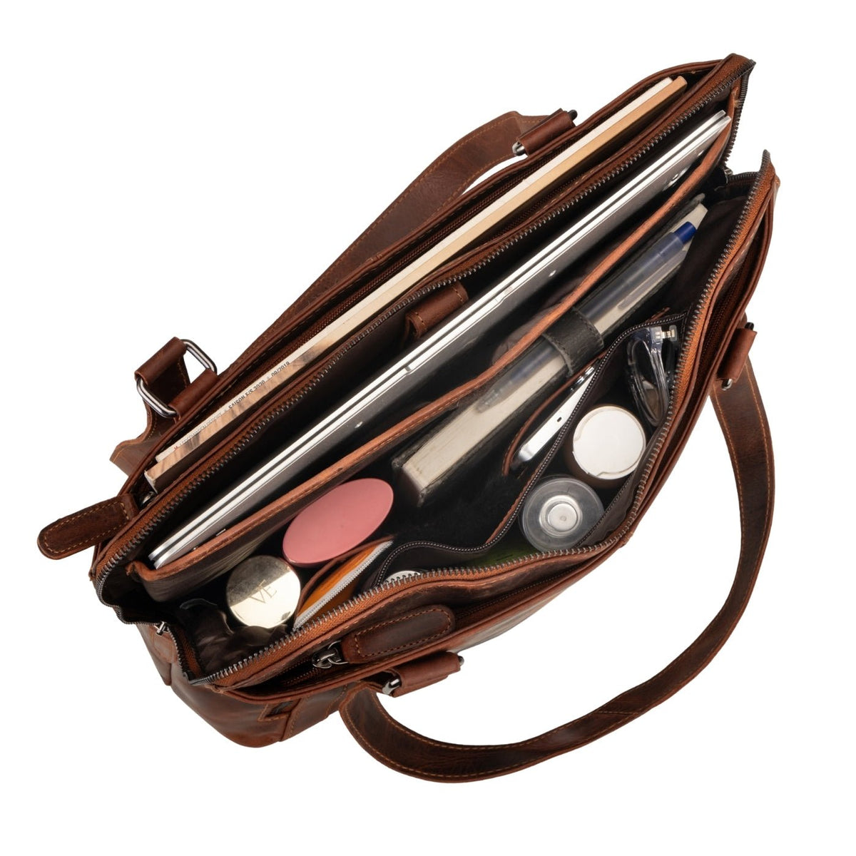 Minori Leather Camille leather laptop tote bag with sturdy handles and spacious interior, designed for stylish everyday use.