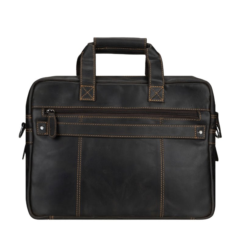 Brown Seattle leather briefcase bag by Minori Leather, 14-inch unisex design with sturdy handles and classic style.