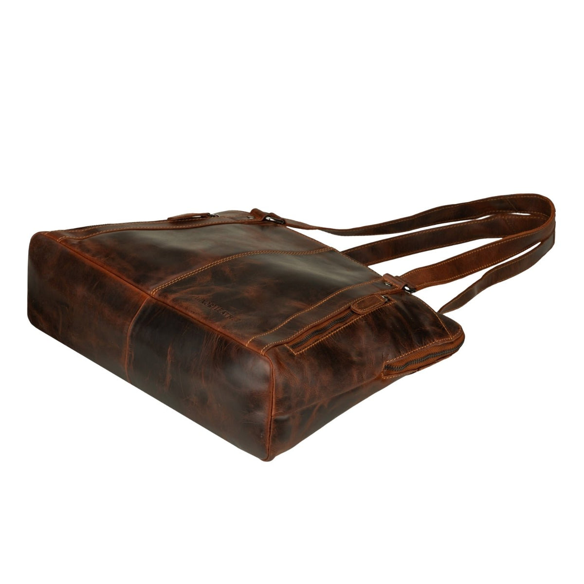 Minori Leather Camille leather laptop tote bag with sturdy handles and sleek design, ideal for carrying laptops and essentials.