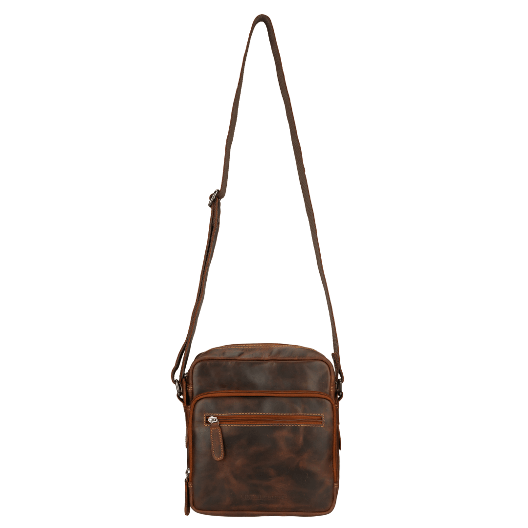 Minori Leather Harbor Leather Crossbody Bag in chestnut with adjustable strap and minimalist design.
