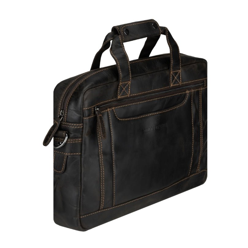 Brown Seattle leather briefcase bag by Minori Leather, 14-inch unisex design with sturdy handles and classic style.