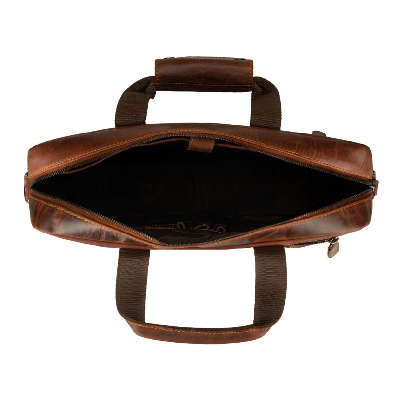 Seattle Leather Briefcase Bag 14-inch by Minori Leather, unisex chestnut leather briefcase with multiple compartments and sturdy handle.