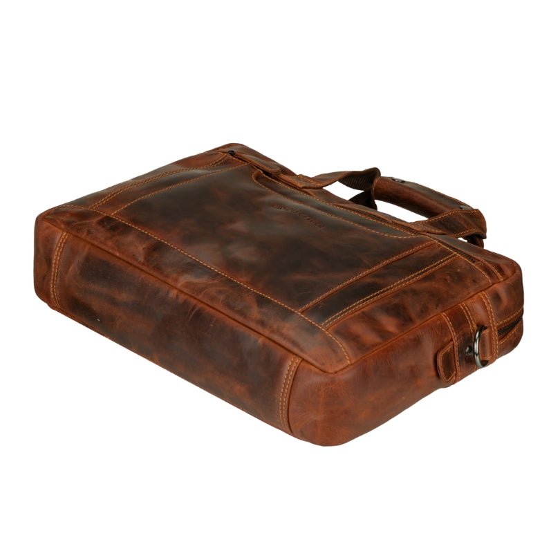 Minori Leather Seattle Leather Briefcase Bag 14" in chestnut, unisex design with sturdy handles and professional style.