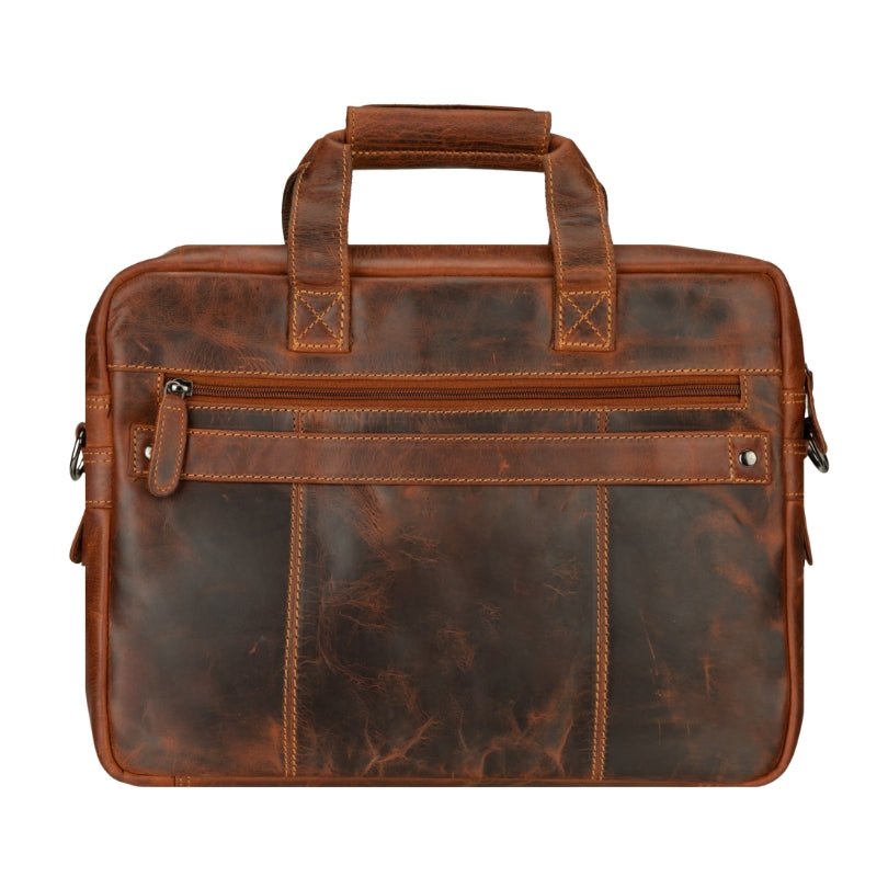 Seattle Leather Briefcase Bag 14-inch by Minori Leather, unisex chestnut leather briefcase with sturdy handle and classic design.