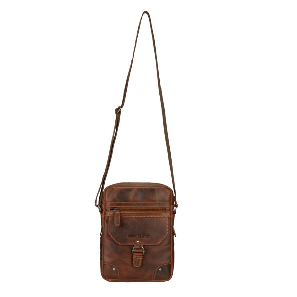 Minori Leather Denver Leather Crossbody Bag in chestnut, unisex design with adjustable strap and front pocket.