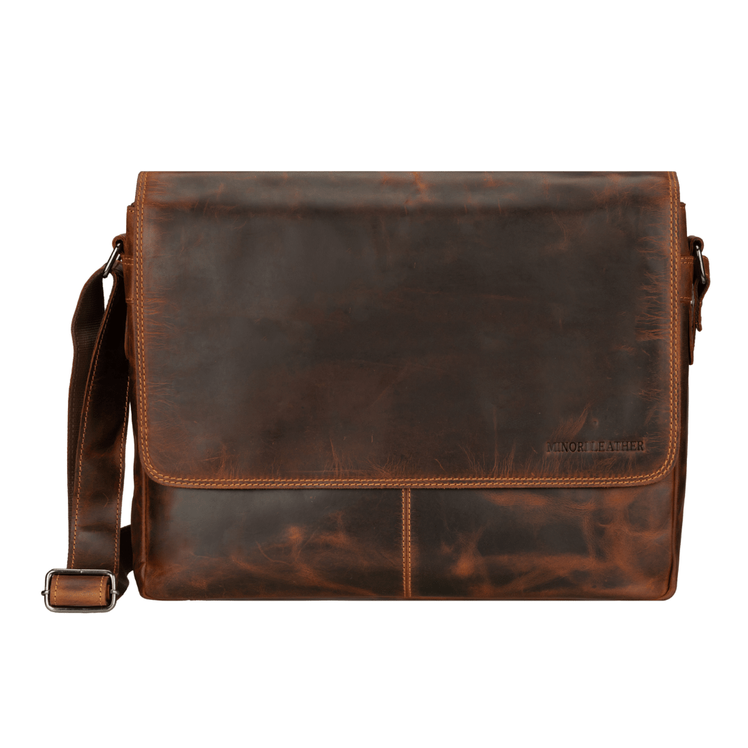 Richmond Full Grain Leather Laptop Messenger Bag 16 Inch for Men, Work Bag, Chestnut - Minori Leather