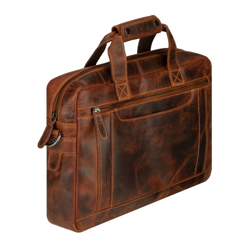 Minori Leather Seattle 14-inch unisex leather briefcase bag in chestnut color with sturdy handles and sleek design.
