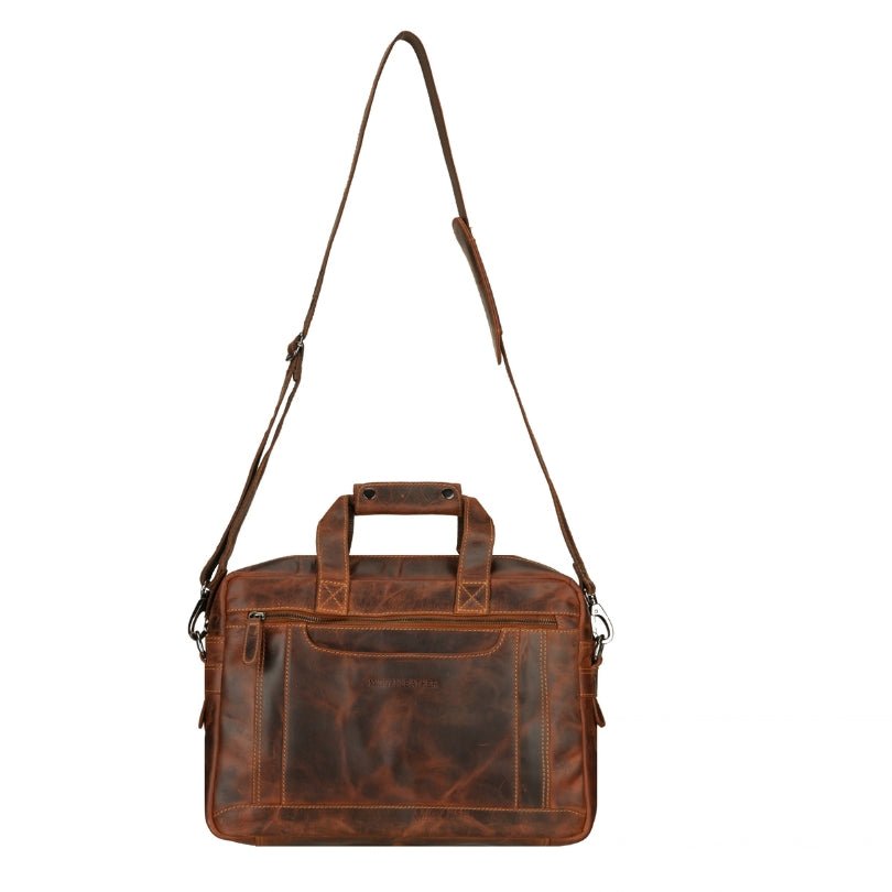 Minori Leather Seattle 14-inch unisex chestnut leather briefcase bag with sturdy handles and sleek design.
