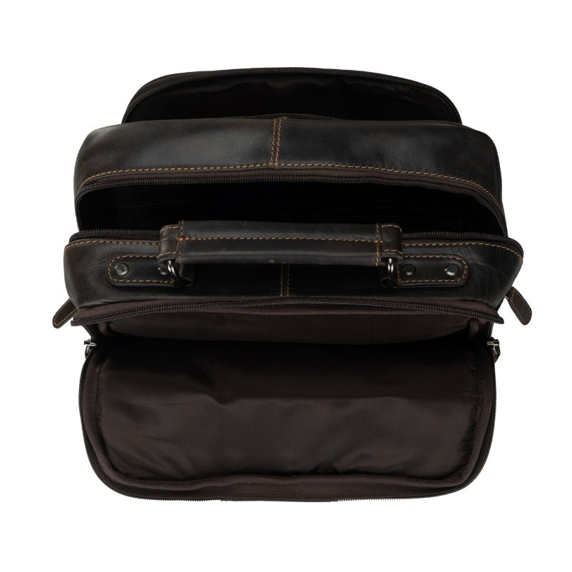 Minori Leather Orlando brown leather backpack with 16-inch size, unisex design, featuring adjustable straps and multiple compartments.