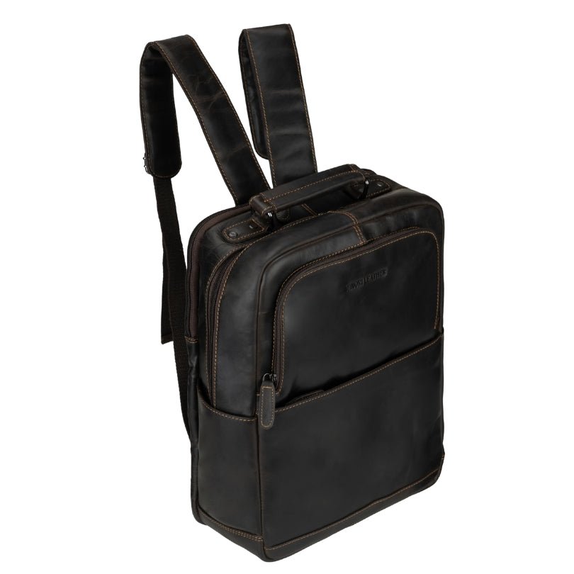 Brown Orlando Leather Backpack 16-inch unisex bag by Minori Leather, showcasing sleek design and durable leather material.