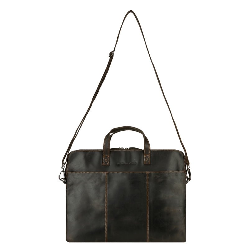 Brown Atlas Leather 14-inch laptop sleeve by Minori Leather, unisex design with soft leather exterior and slim fit.