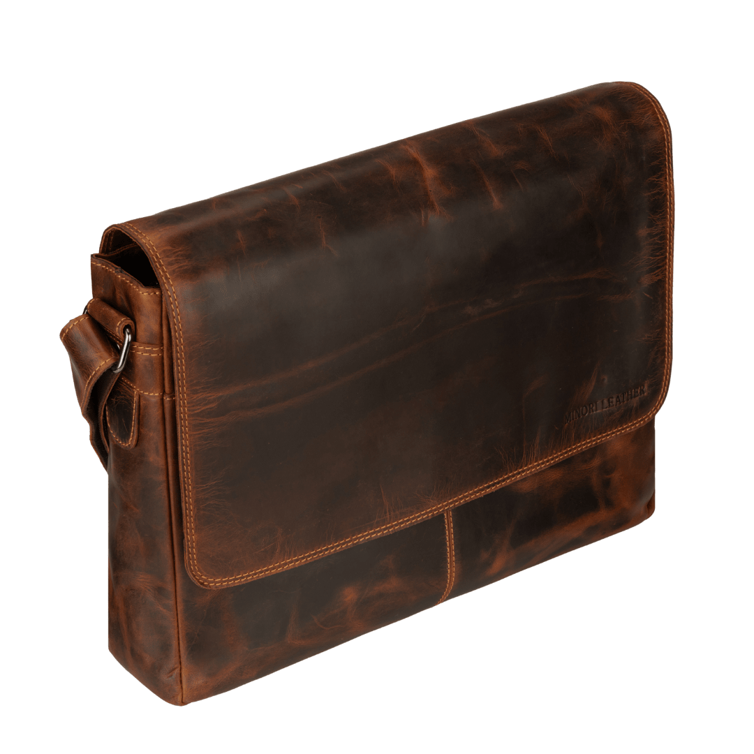 Richmond Full Grain Leather Laptop Messenger Bag 16 Inch for Men, Work Bag, Chestnut - Minori Leather