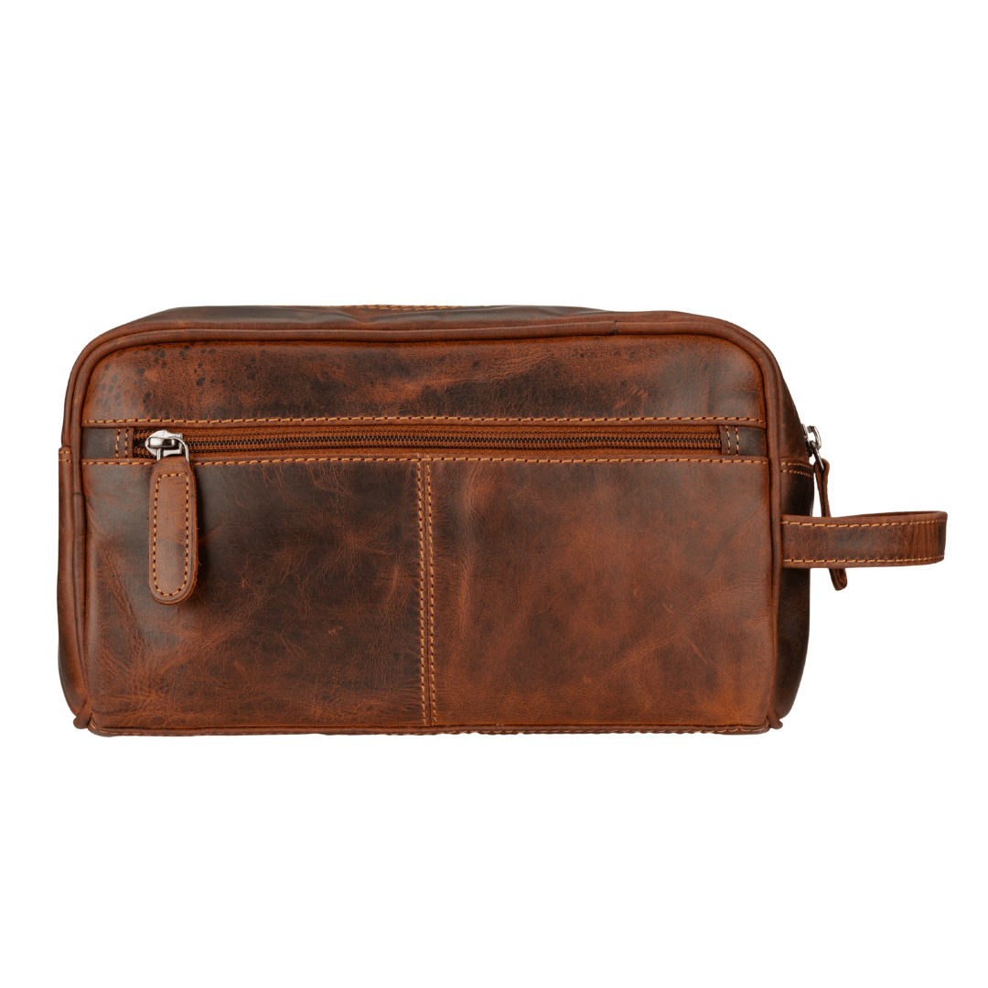 Minori Leather men's premium leather toiletry bag in chestnut color, with sturdy zipper and compact design for travel grooming essentials.