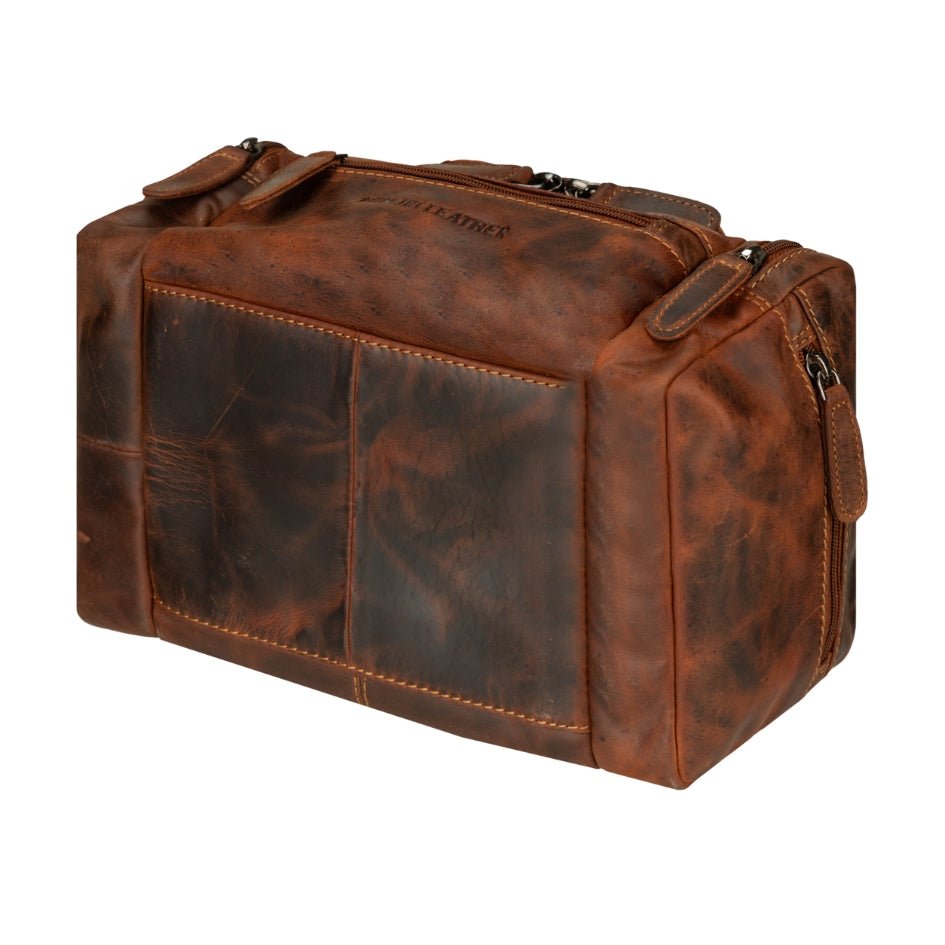 Minori Leather Winston chestnut leather toiletry bag with zipper closure, compact and stylish Dopp kit for men's grooming accessories.