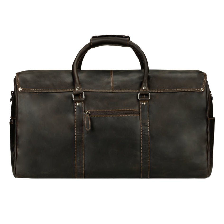 Brown Miami Leather Weekender duffle bag by Minori Leather, featuring sturdy handles and spacious interior for travel.