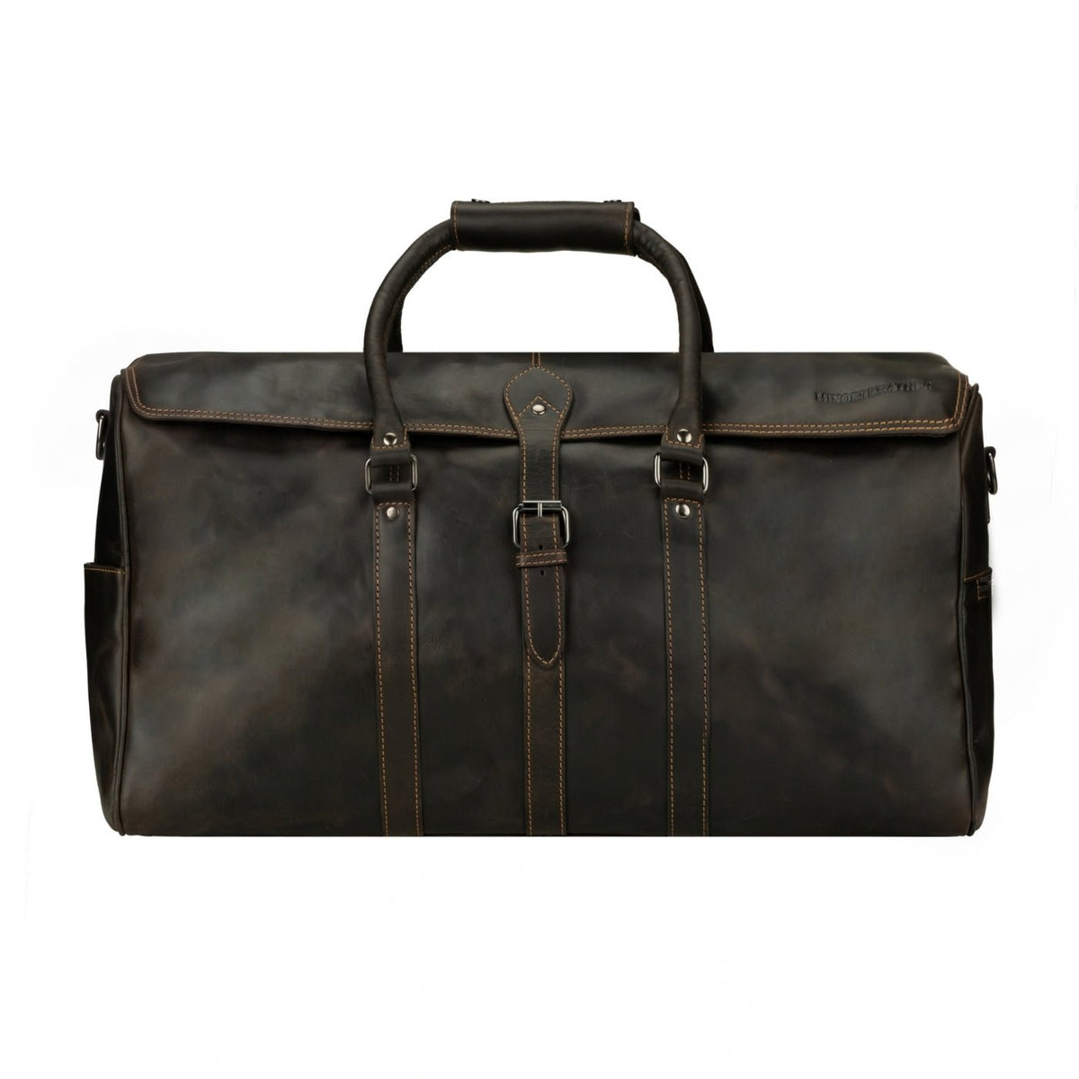 Brown Miami Leather Weekender duffle bag by Minori Leather, showcasing its spacious design and sturdy leather construction.