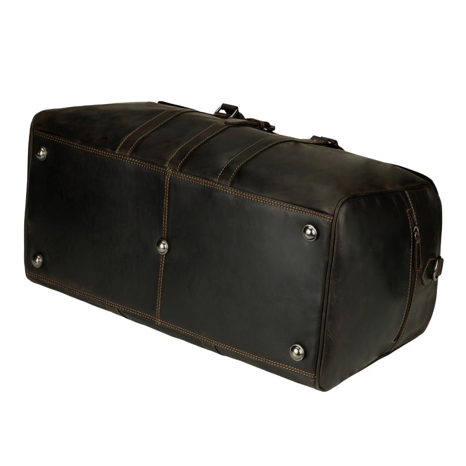 Minori Leather Miami Leather Weekender Duffle Bag in brown with sturdy handles and spacious interior for travel.