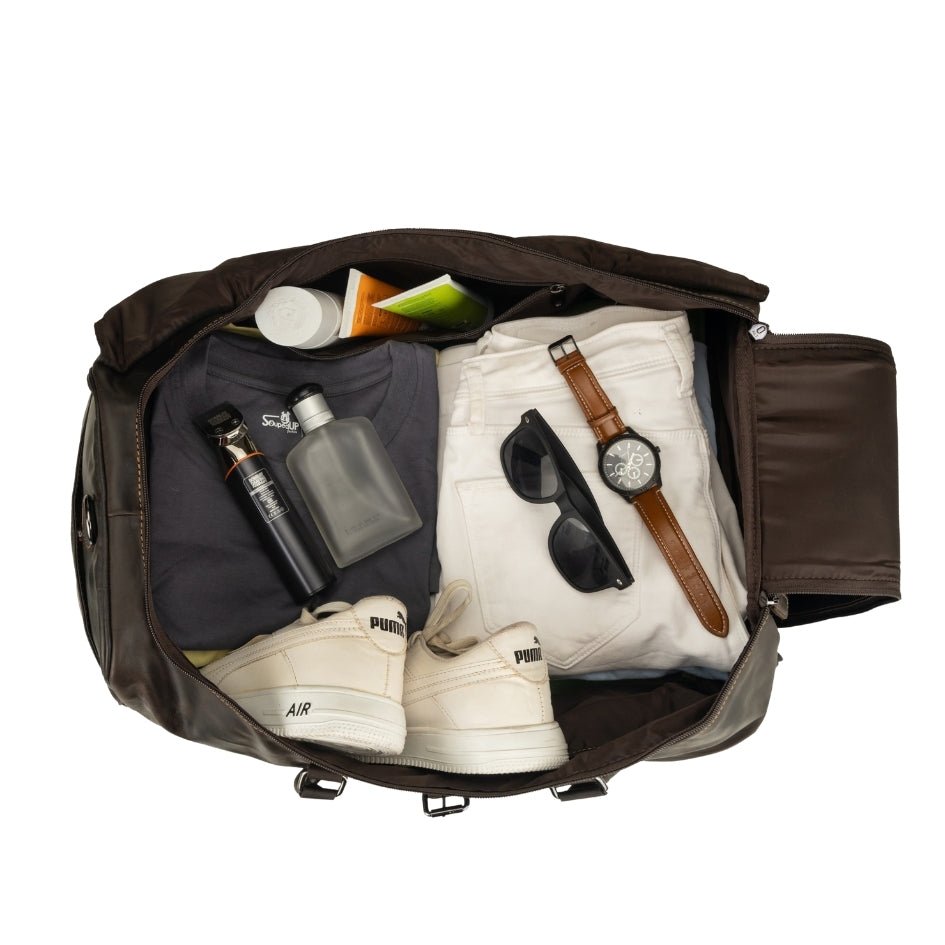 Brown Miami Leather Weekender duffle bag by Minori Leather with sturdy handles and spacious interior for travel.
