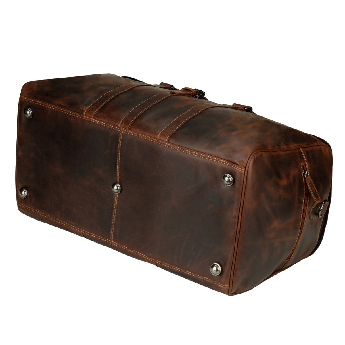 Minori Leather Miami Leather Weekender Bag, unisex chestnut duffle bag with sturdy handles and spacious interior for travel.