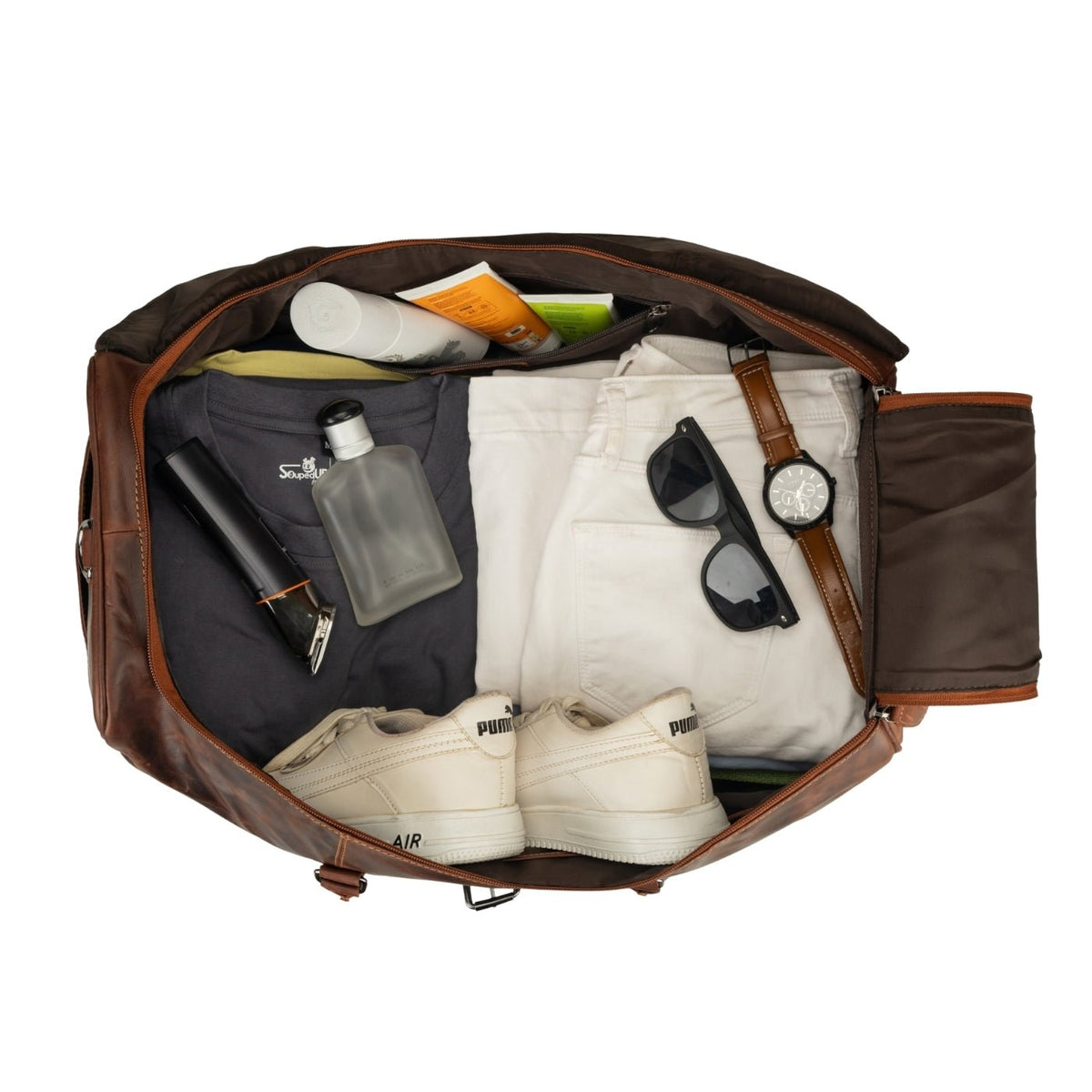 Unisex Miami Leather Weekender Bag by Minori Leather, chestnut brown duffle bag with sturdy handles and spacious interior.