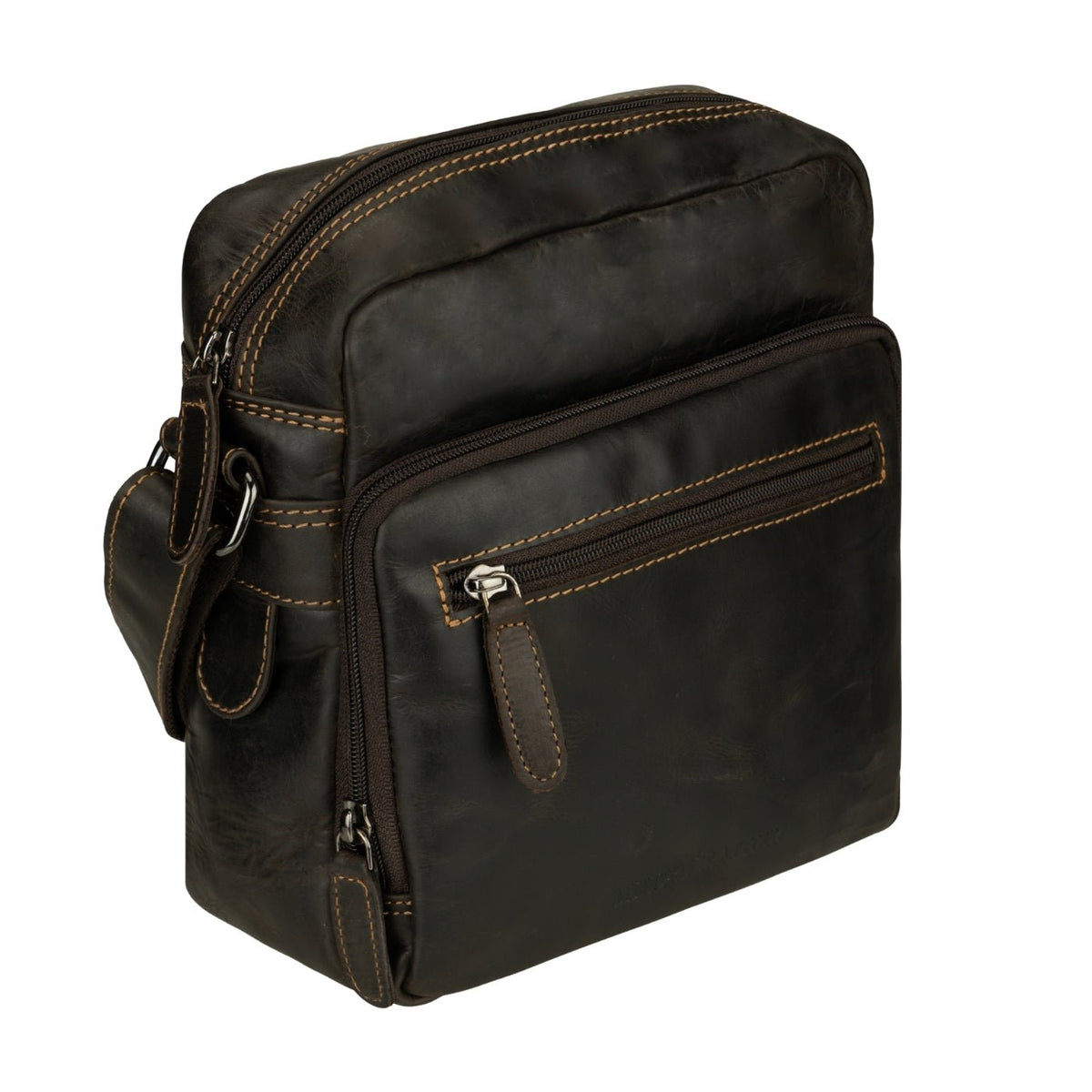 Minori Leather Harbor brown leather crossbody messenger bag with adjustable strap and classic design.