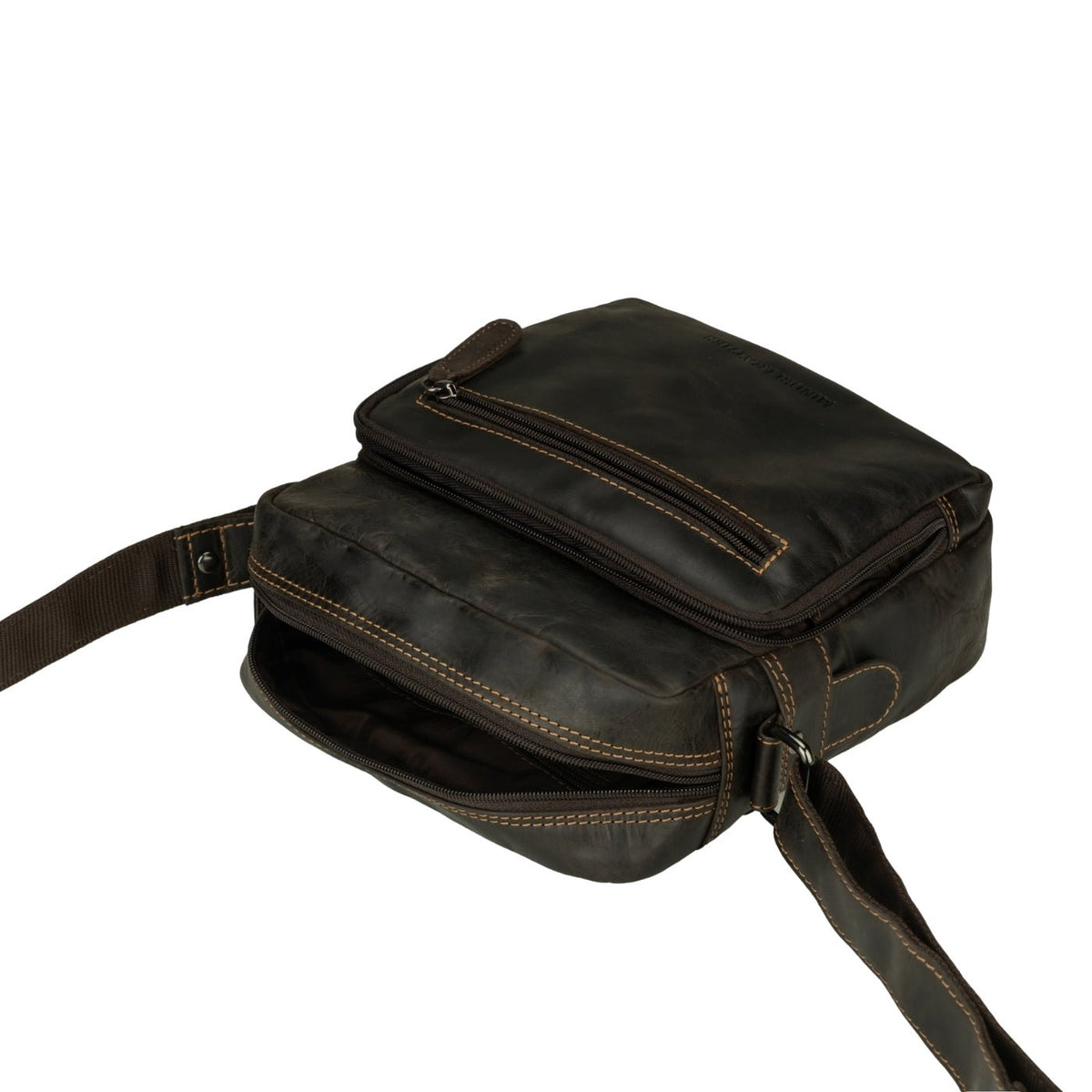 Minori Leather Harbor brown leather crossbody messenger bag with adjustable strap and sleek design.
