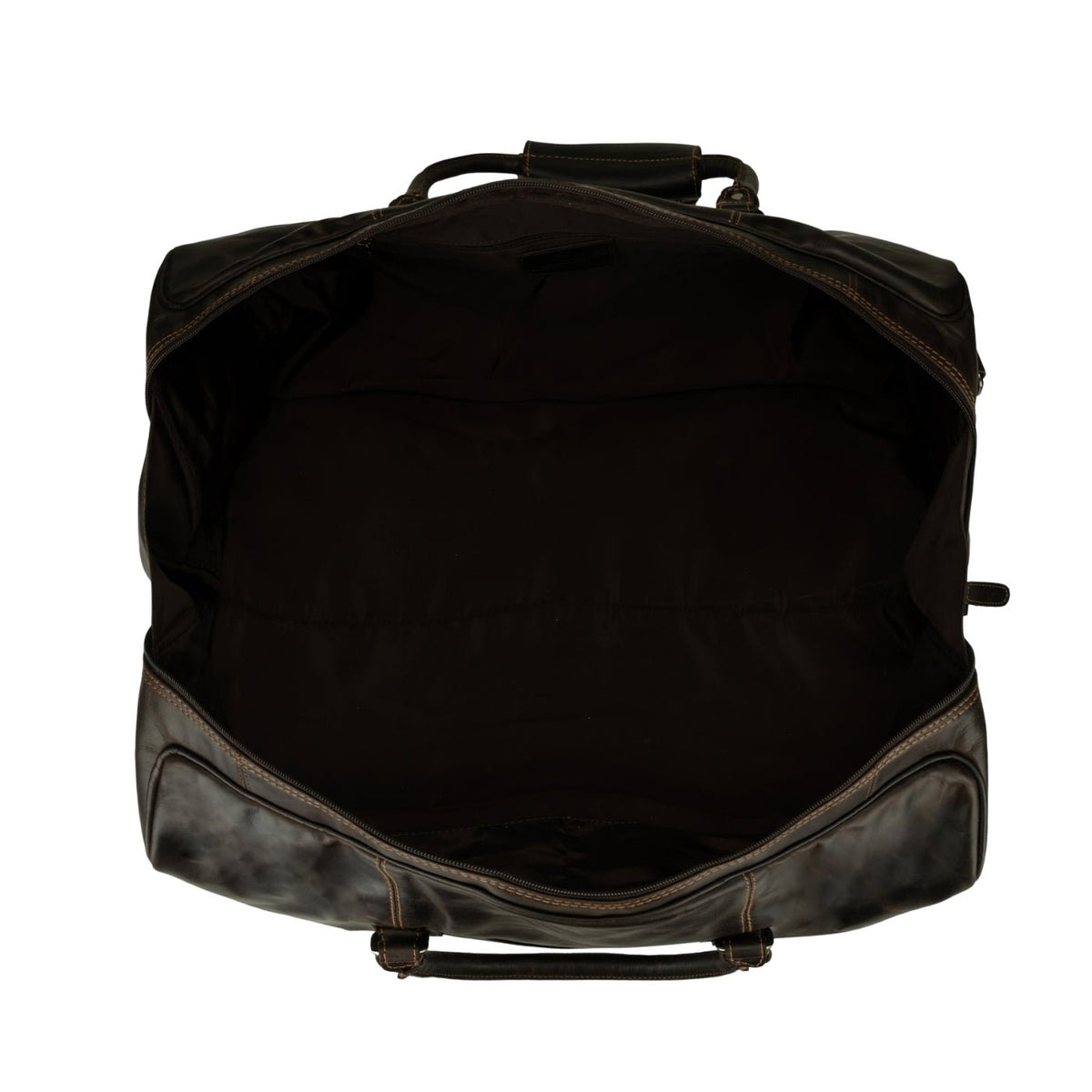 Brown Riley leather duffle bag by Minori Leather with sturdy handles and spacious interior, perfect for travel or weekend trips.