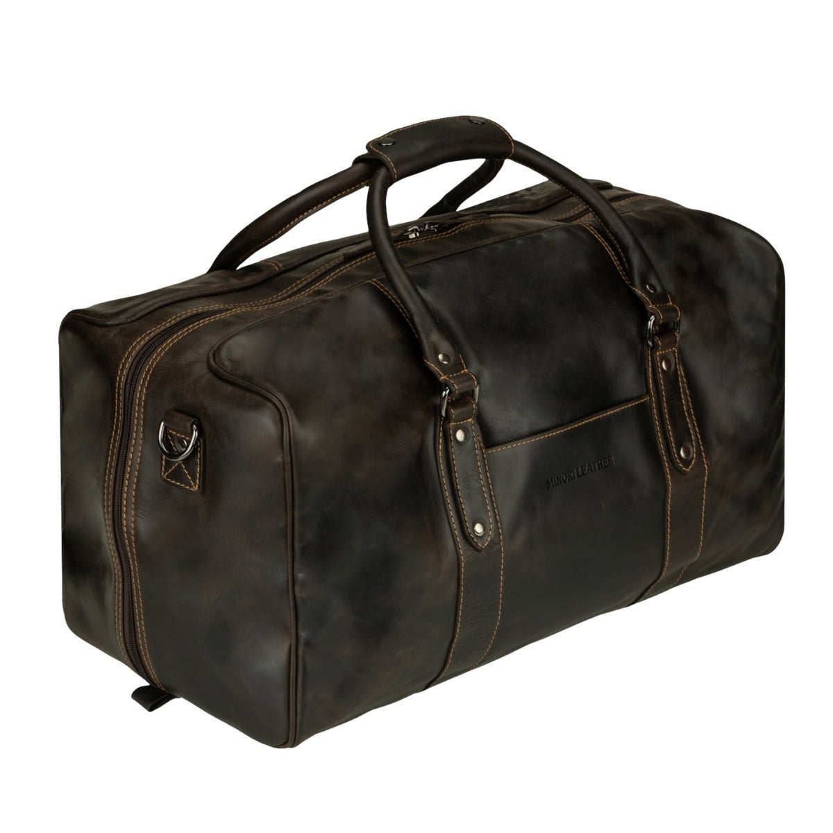 Brown Riley leather duffle bag by Minori Leather, showing the spacious design with sturdy handles and sleek leather finish.