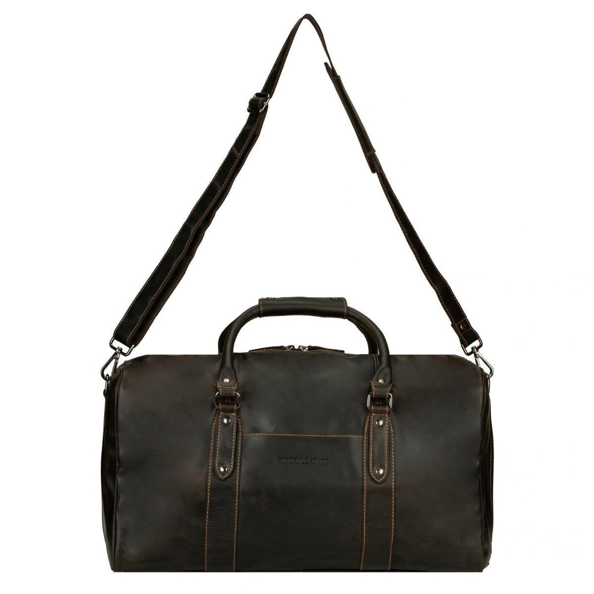 Brown Riley Leather Duffle Bag by Minori Leather, showing sturdy leather construction and spacious interior for travel essentials.