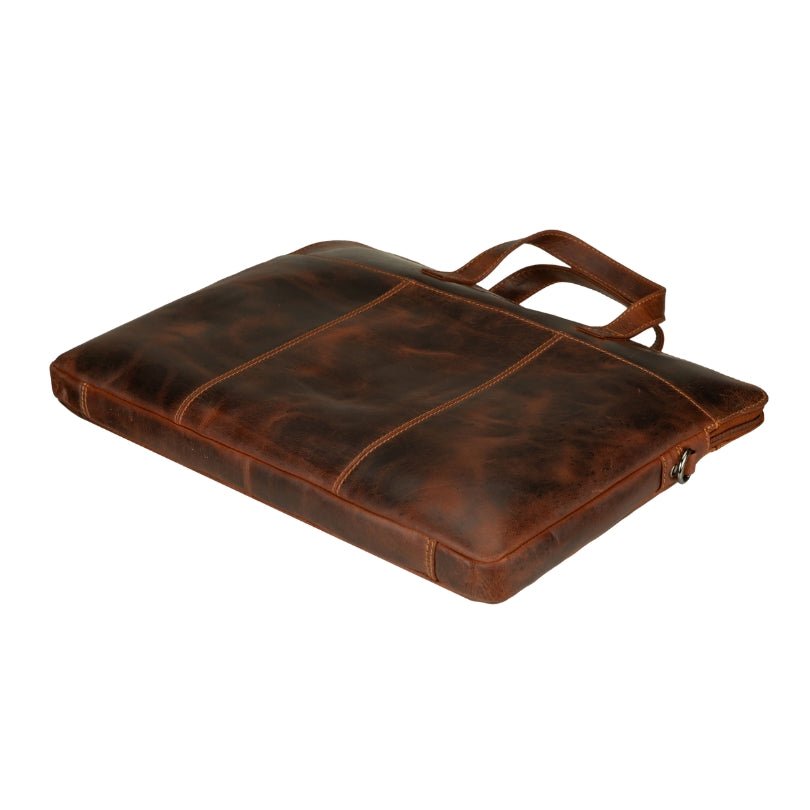 Minori Leather Atlas Leather Laptop Sleeve for 14-inch laptops, unisex chestnut color, with sleek leather design and minimal branding.