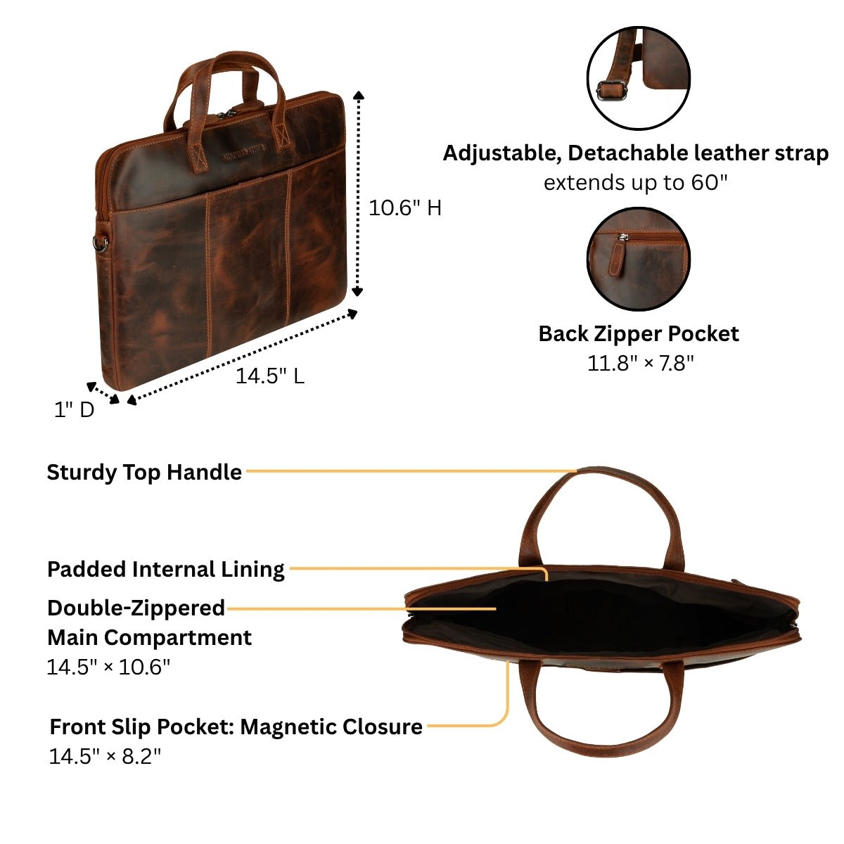 Minori Leather Atlas 14-inch unisex leather laptop sleeve in chestnut with smooth finish and sleek design.
