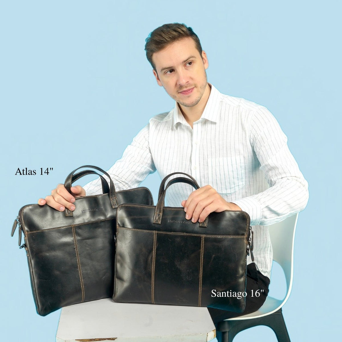 Brown Atlas Leather 14-inch laptop sleeve by Minori Leather, unisex design with smooth leather finish.
