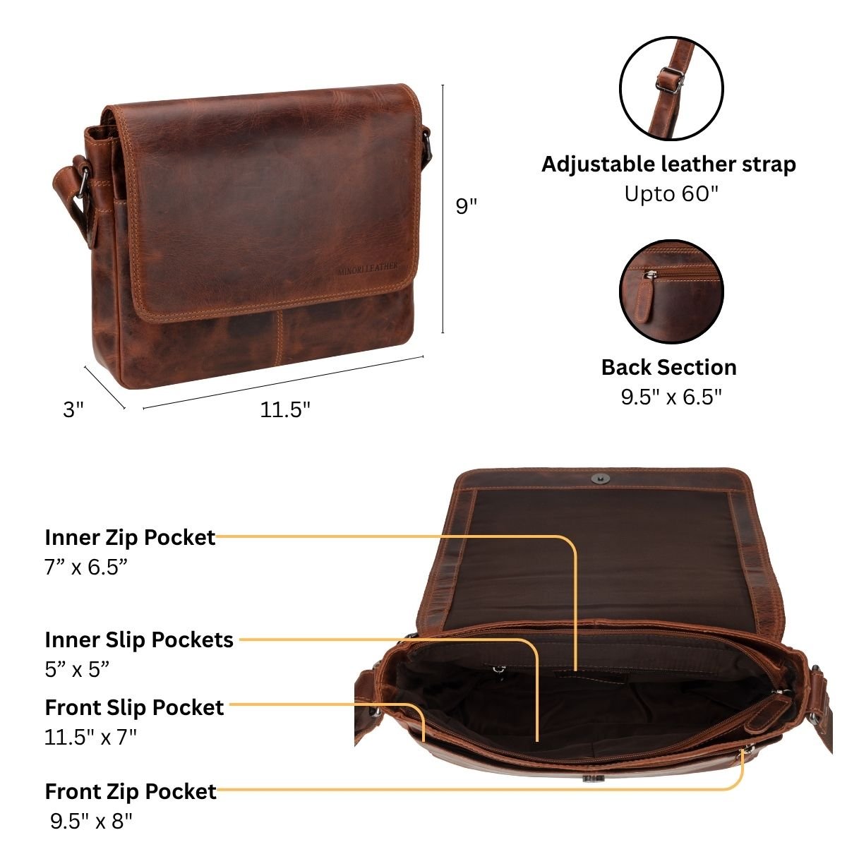 Austin Leather Satchel Bag 11" – Unisex – Chestnut - Minori Leather