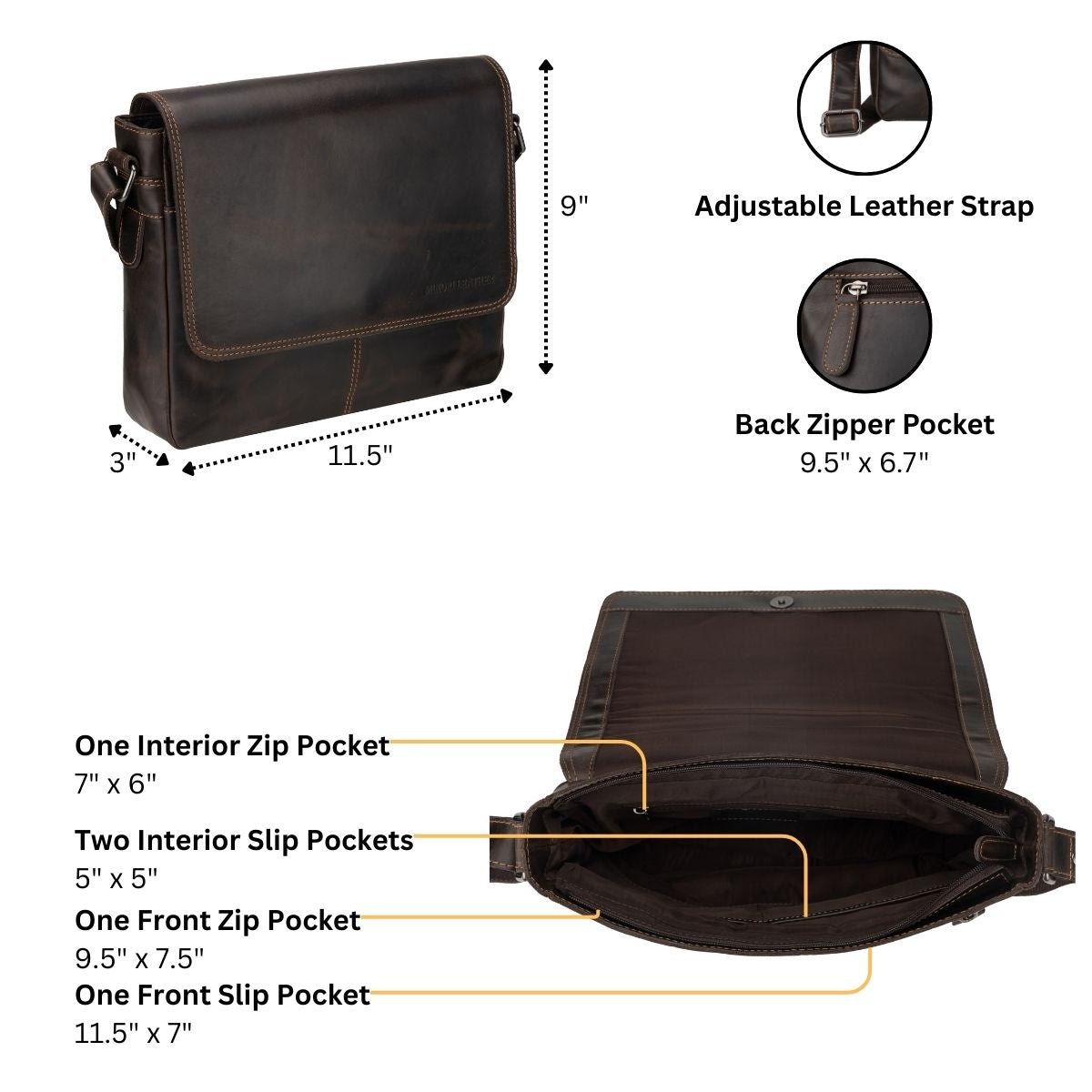 Brown Austin Leather Satchel Bag by Minori Leather, unisex 11-inch crossbody bag with textured leather and adjustable strap.