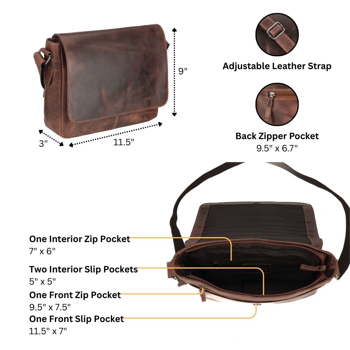 Austin Leather Mini Messenger Bag 11" – Unisex – Chestnut - Minori Leather