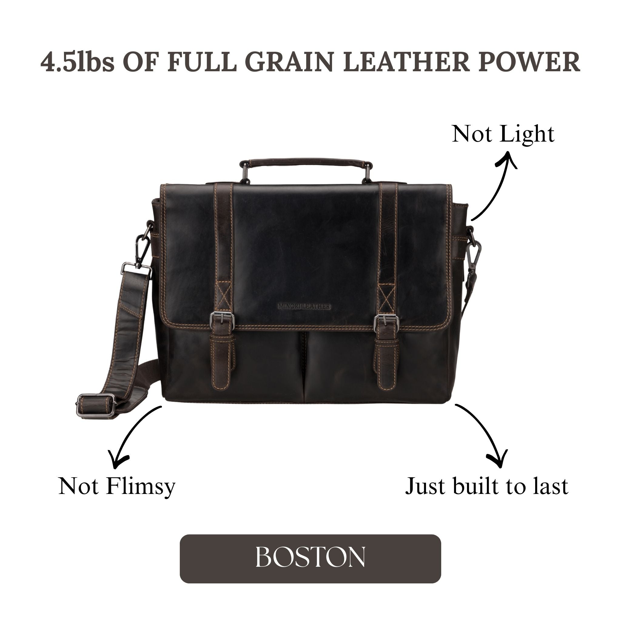 Brown Minori Leather Boston briefcase bag, unisex 16-inch leather briefcase with sturdy design and classic style.