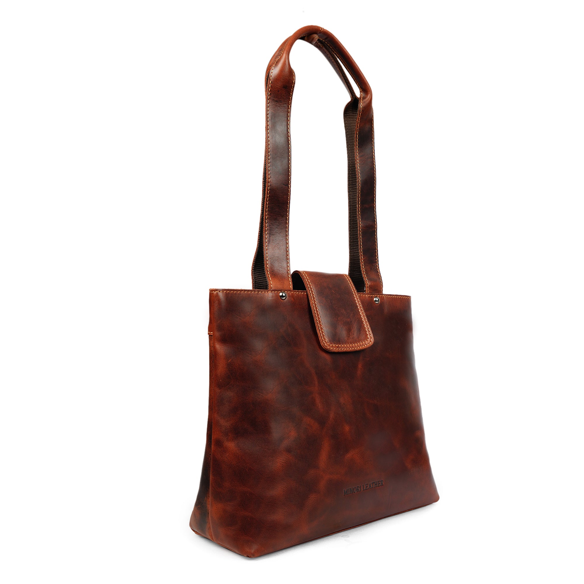 Minori Leather Bennett leather tote bag in chestnut, shoulder bag with sturdy handles and spacious interior, natural leather finish.