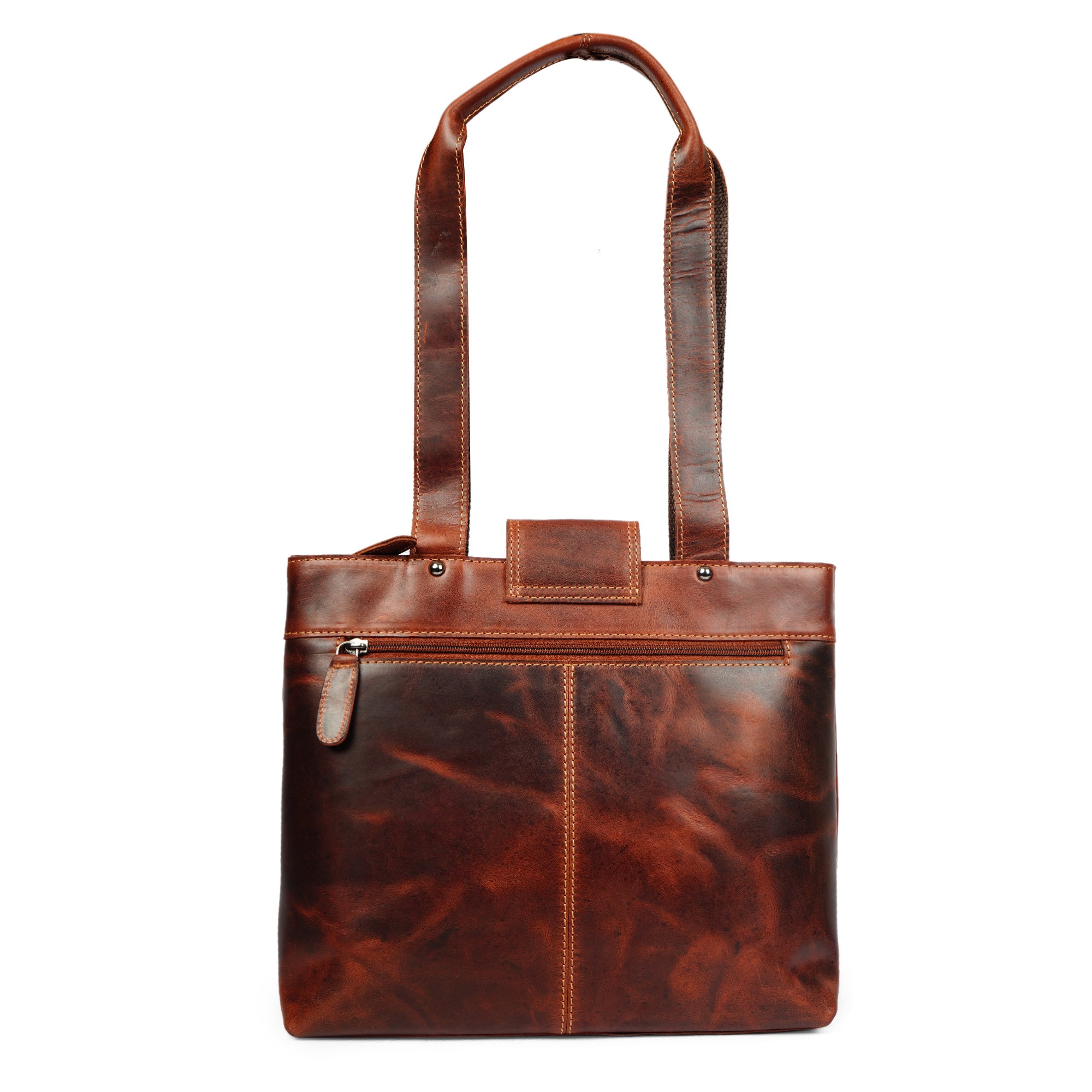 Minori Leather Bennett leather shoulder tote bag in chestnut with sturdy handles and spacious interior.