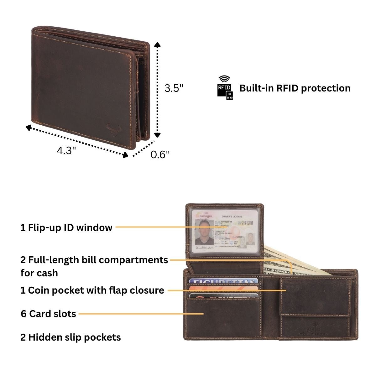 Minori Leather Charlie men's leather wallet in chestnut, featuring multiple card slots and a classic bifold design.
